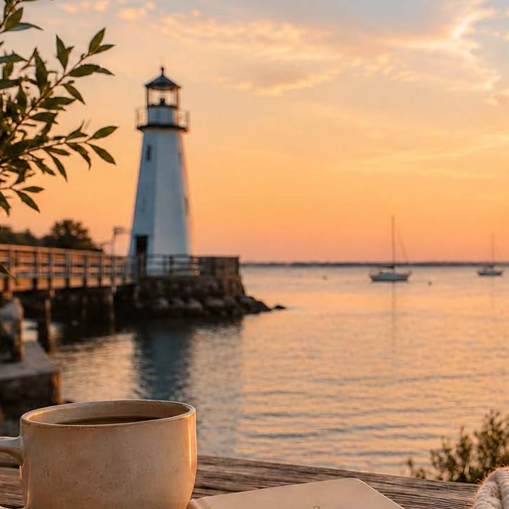 Lighthouse and moored sailboats on a calm harbor at golden hour